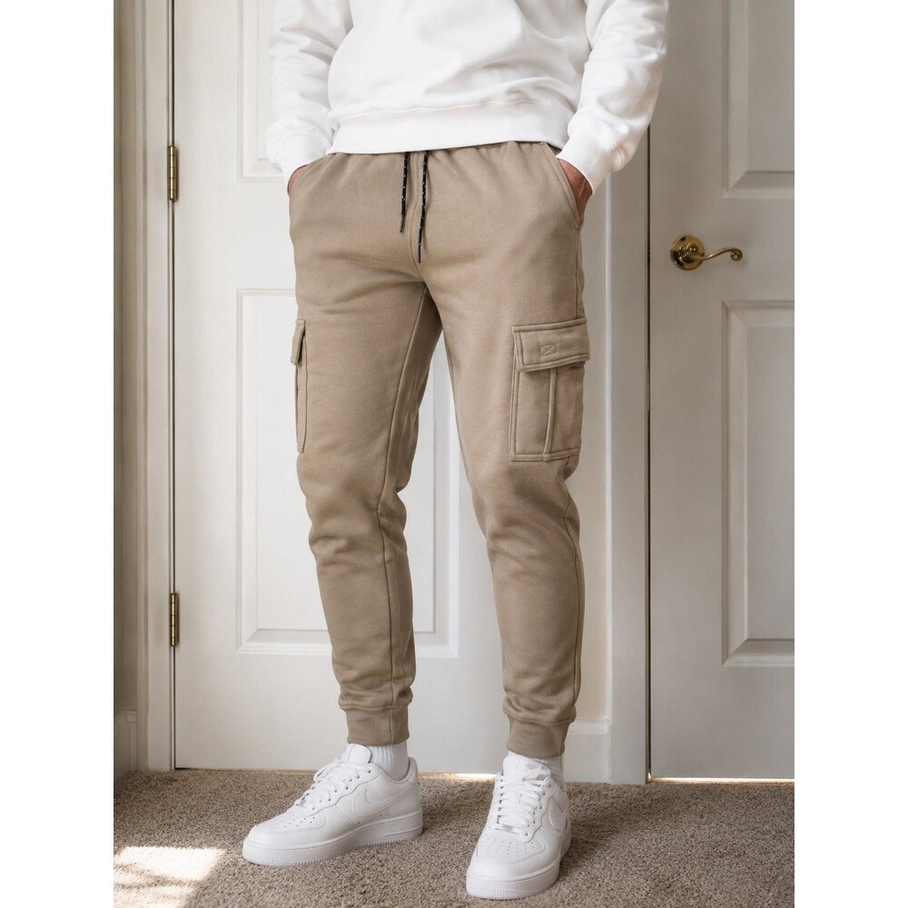 Hype Men's Beige Cargo Jogger Pants Size M Drawstring Elastic Waist Pockets